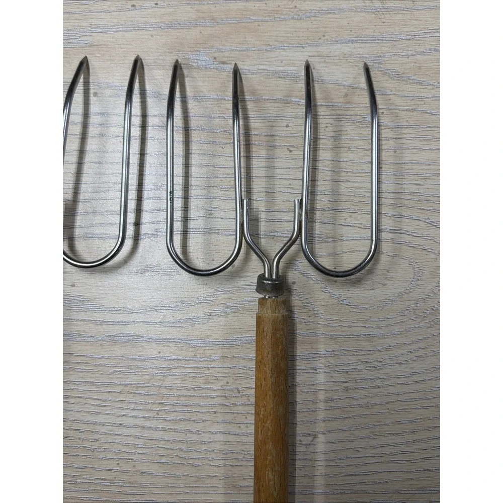 Pair Of‎ Vintage 4-Prong MEAT LIFTING FORKS With Wood Handles 10.5